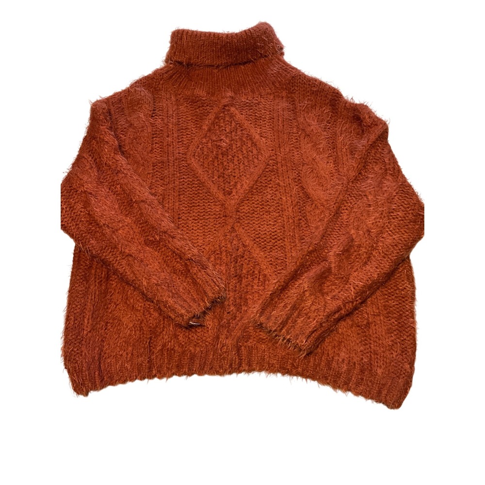 MAIN STRIP Fuzzy Knit Turtleneck Sweater Rust Orange Cable‎ Knit Cozy M L